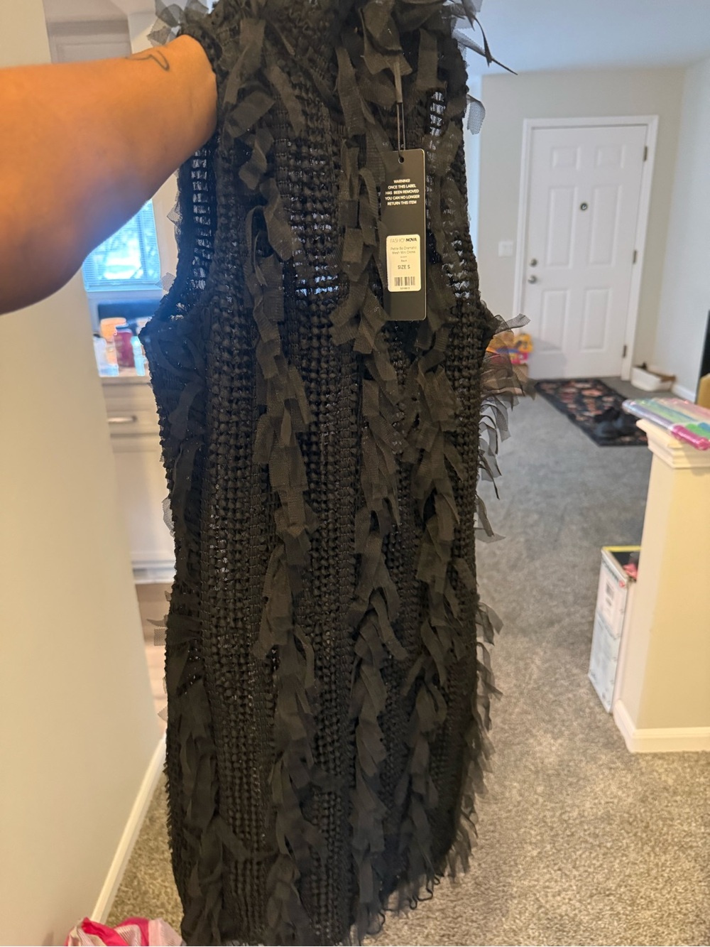 Fashion Nova Black Textured Fringe Mesh Dress - Size S
